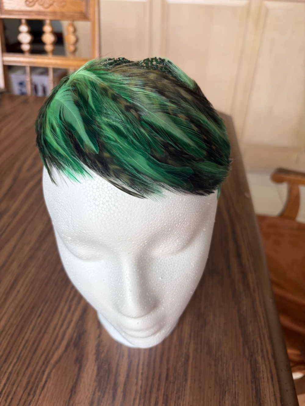 Bette’ Vintage Fascinator Hat with Feathers and beads, Colors Rare, 6.5” dia